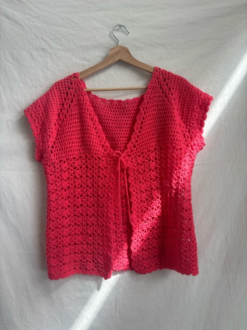 Hand-Crocheted Open Front Top - Vibrant Coral Pink